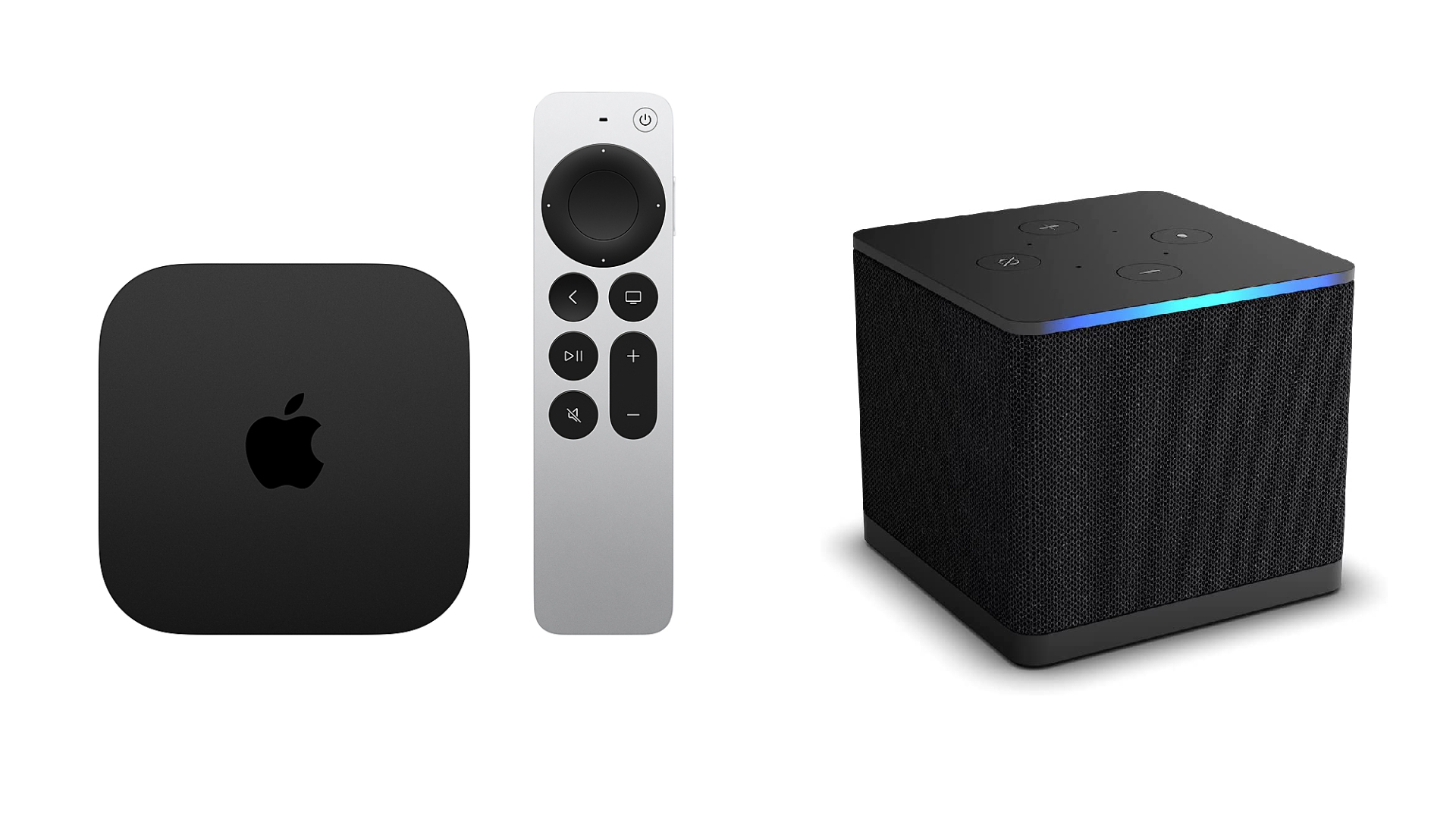 Apple TV 4K vs Fire TV Cube on white background