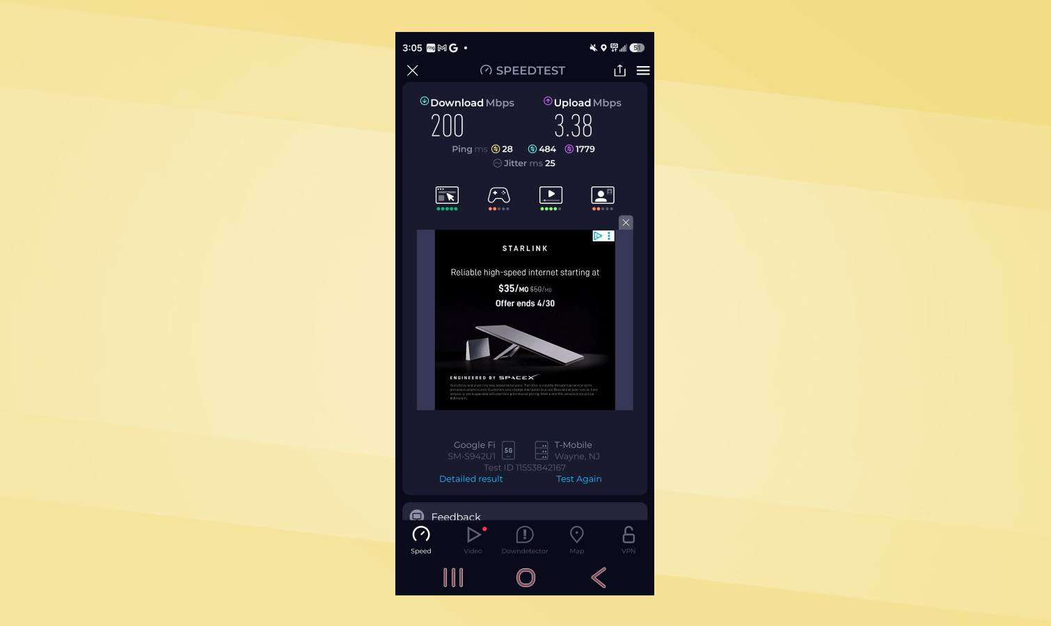 Google Fi Unlimited Essentials Plan speed test screenshot.