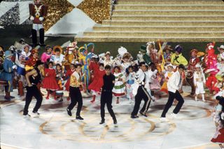 New Kids On The Block perform prior to the New York Giants taking on the Buffalo Bills in Super Bowl XXV at Tampa Stadium on January 27, 1991 in Tampa, Florida. The Giants defeated the Bills 20-19.