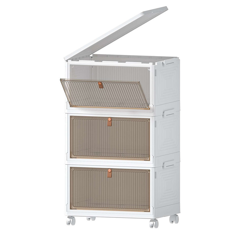 Rebrilliant Canas Plastic Foldable Stackable Storage Bin Double Door With Lids and Wheels Display Case Showcase Closet Rectangle Box Organizers and Storage for Electronics, Clothes, Toys | Wayfair