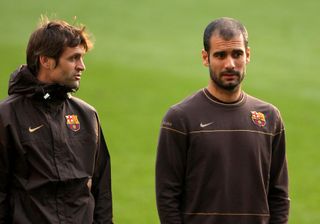 Barcelona manager Pep Guardiola and Tito Vilanova during a training session ahead of the 2008/09 Champions League semi-final second leg against Chelsea