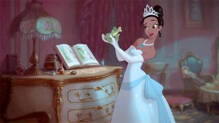 Frog wanting to kiss Tiana in The Princess and the Frog