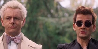 Good Omens Michael Sheen and David Tennant talking at the park