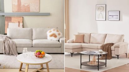 Two pictures of living areas: one of a gray couch and coffee table and one of a cream couch and coffee table