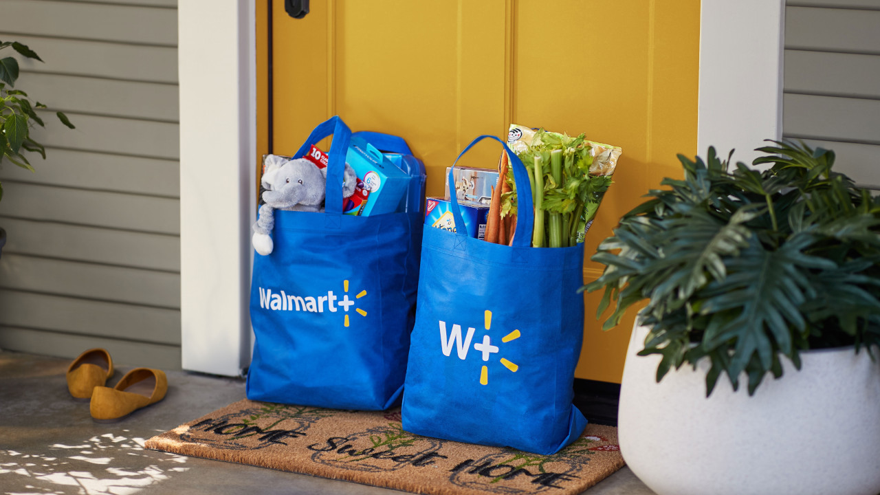 Walmart grocery bags on a doorstep