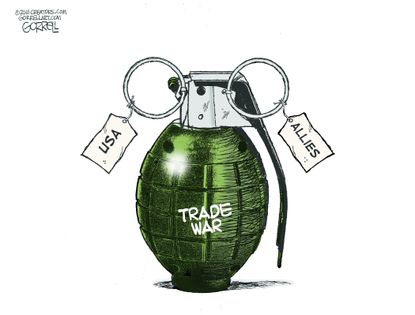 Political cartoon US trade war Trump tariffs allies Mexico Canada