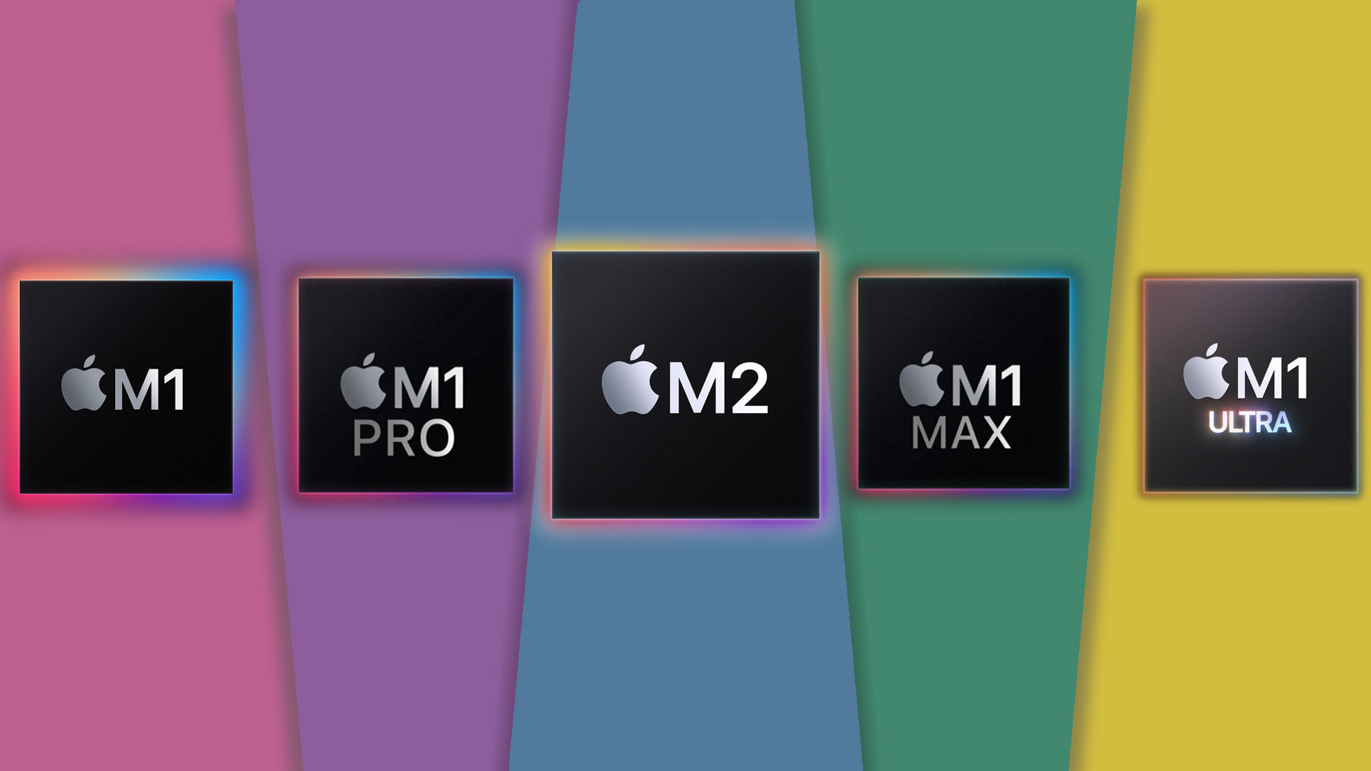 Chip-Logos der Apple M-Serie vor einem mehrfarbigen Hintergrund