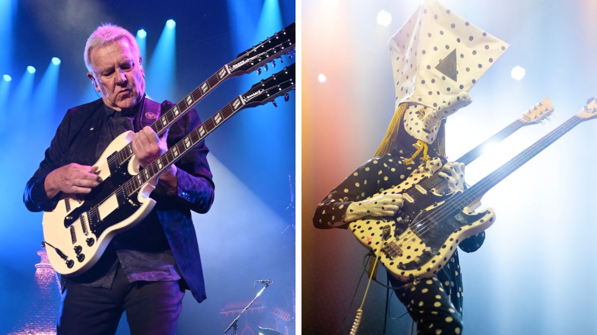 Left&ndash;Alex Lifeson of Rush performs during the opening night at The Kia Forum on June 07, 2026 in Inglewood; Right&ndash; Angine de Poitrine performs at the Electric Ballroom on May 11, 2026 in London