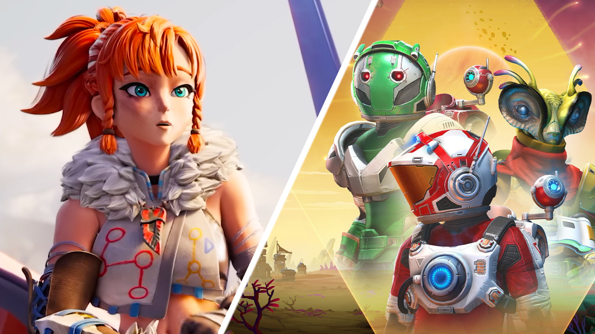 A Palworld character from its launch cinematic; key art of No Man's Sky travelers.