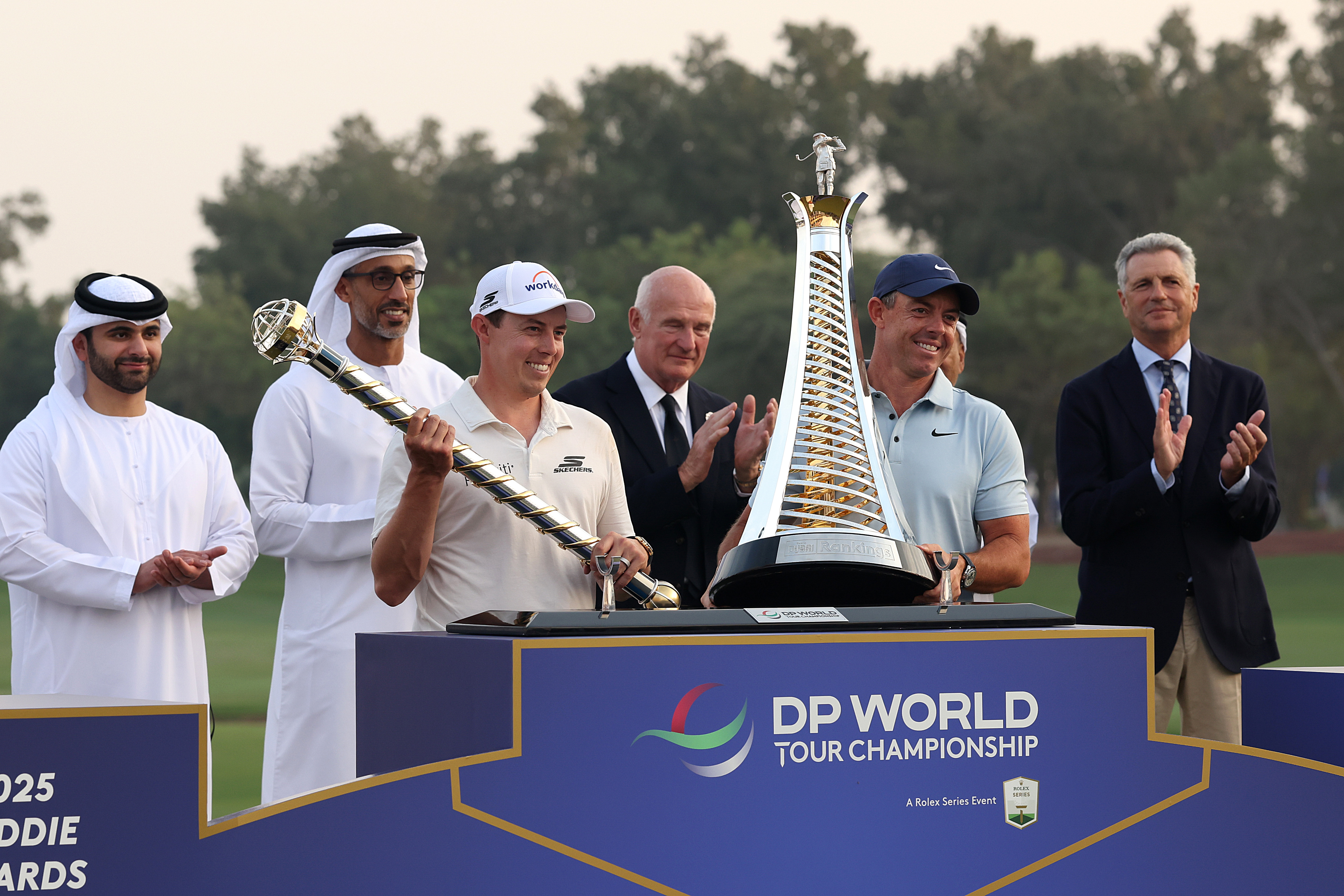 Matt Fitzpatrick and Rory McIlroy during the DP World Tour Championship trophy presentation