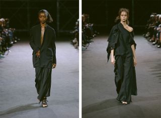 Models wear black blazer with oversized trousers and sandals, and black long sleeves top and oversized trousers