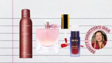 a lined notepaper background with an image of living proof dry shampoo, lancome la vie est belle, violette fr lip plush, and group beauty director Sarah Cooper White in a pink velvet blazer