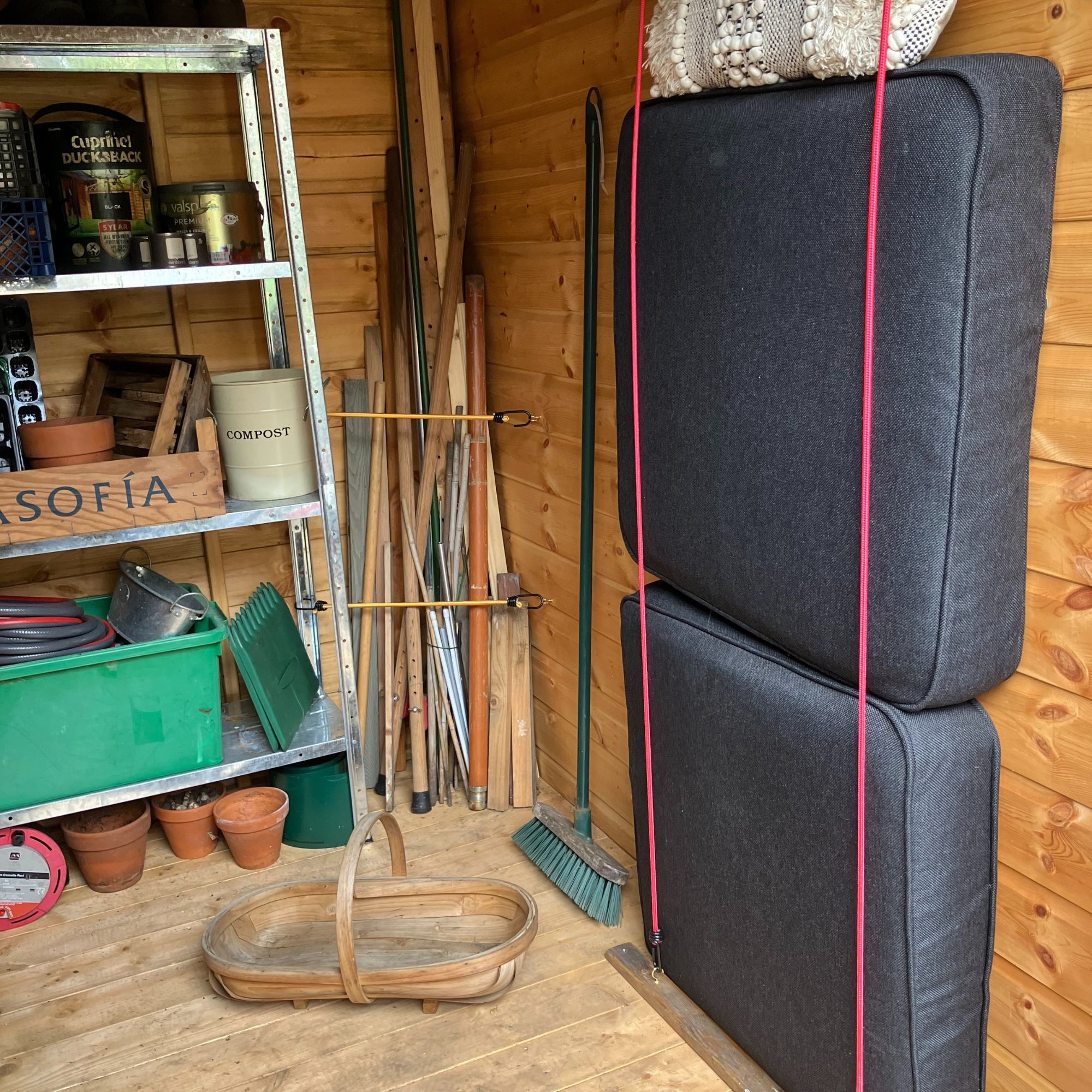 bungee cord shed storage with seat cushions