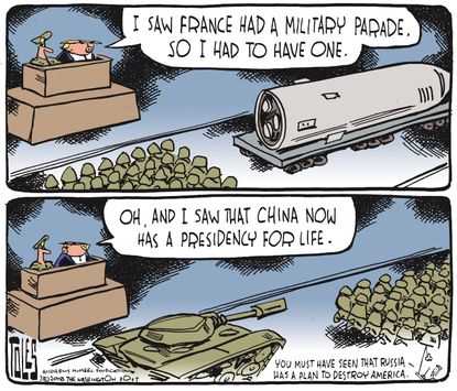 Political cartoon U.S. Trump military parade China Xi Jinping president for life