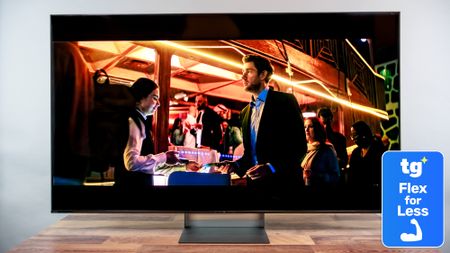 The Sony Bravia 7 II displaying colorful, cinematic content alongside a super-imposed badge that reads: "TG Flex for Less"