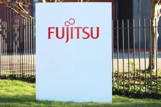 Fujitsu sign outside an office in Warrington, England.