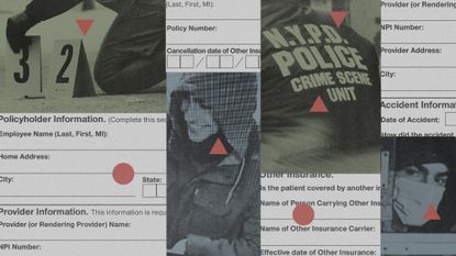 Composite illustration of the UnitedHealthcare CEO murder suspect, NYPD officers and a health insurance claim form