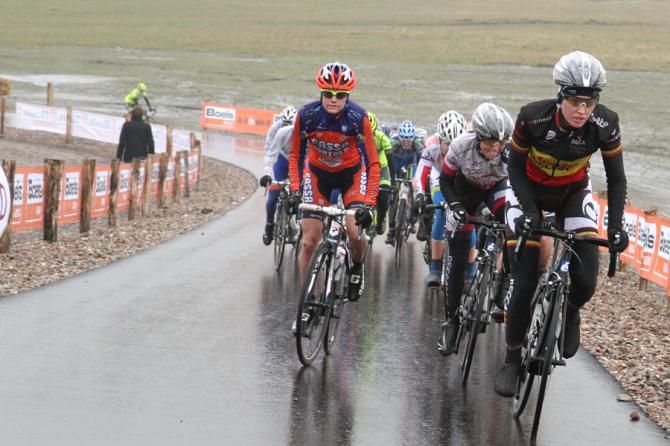 Jolien D'Hoore (Lotto Belisol Ladies) leads the peloton up the VAM climb.