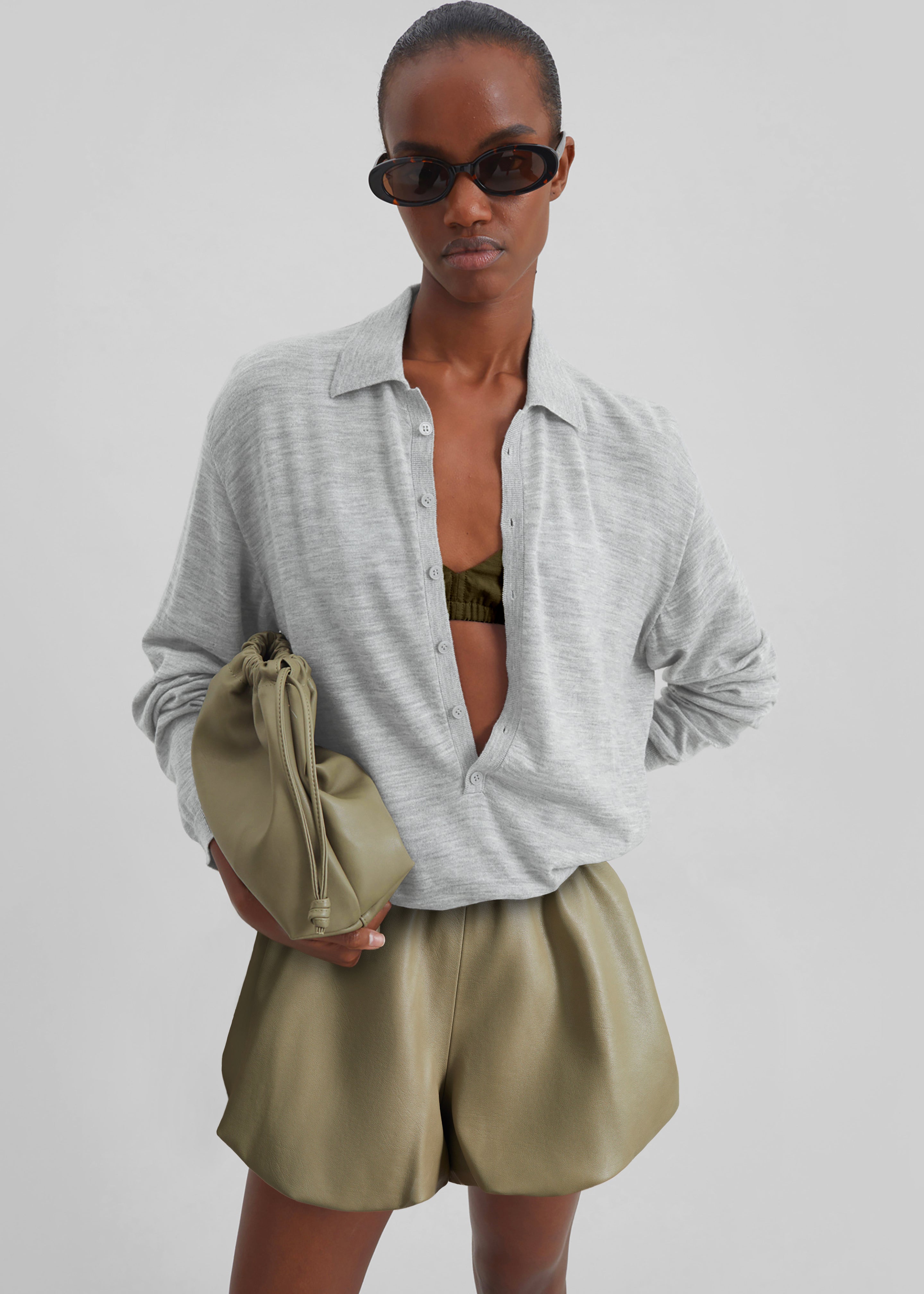 Tala Knit V-Neck Polo - Light Grey