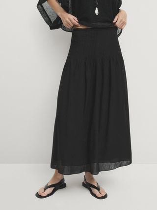 massimodutti, Flowing Pleated Linen Blend Skirt