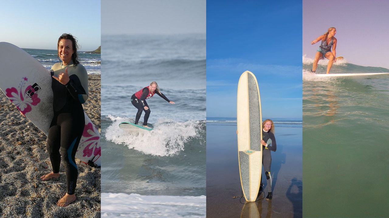 Side by side view of four of five women featured in various surfing poses, representing surfing for beginners