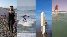 Side by side view of four of five women featured in various surfing poses, representing surfing for beginners