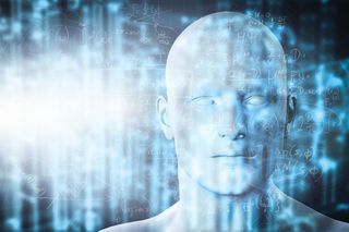 Digital symbols with figure of an AI man
