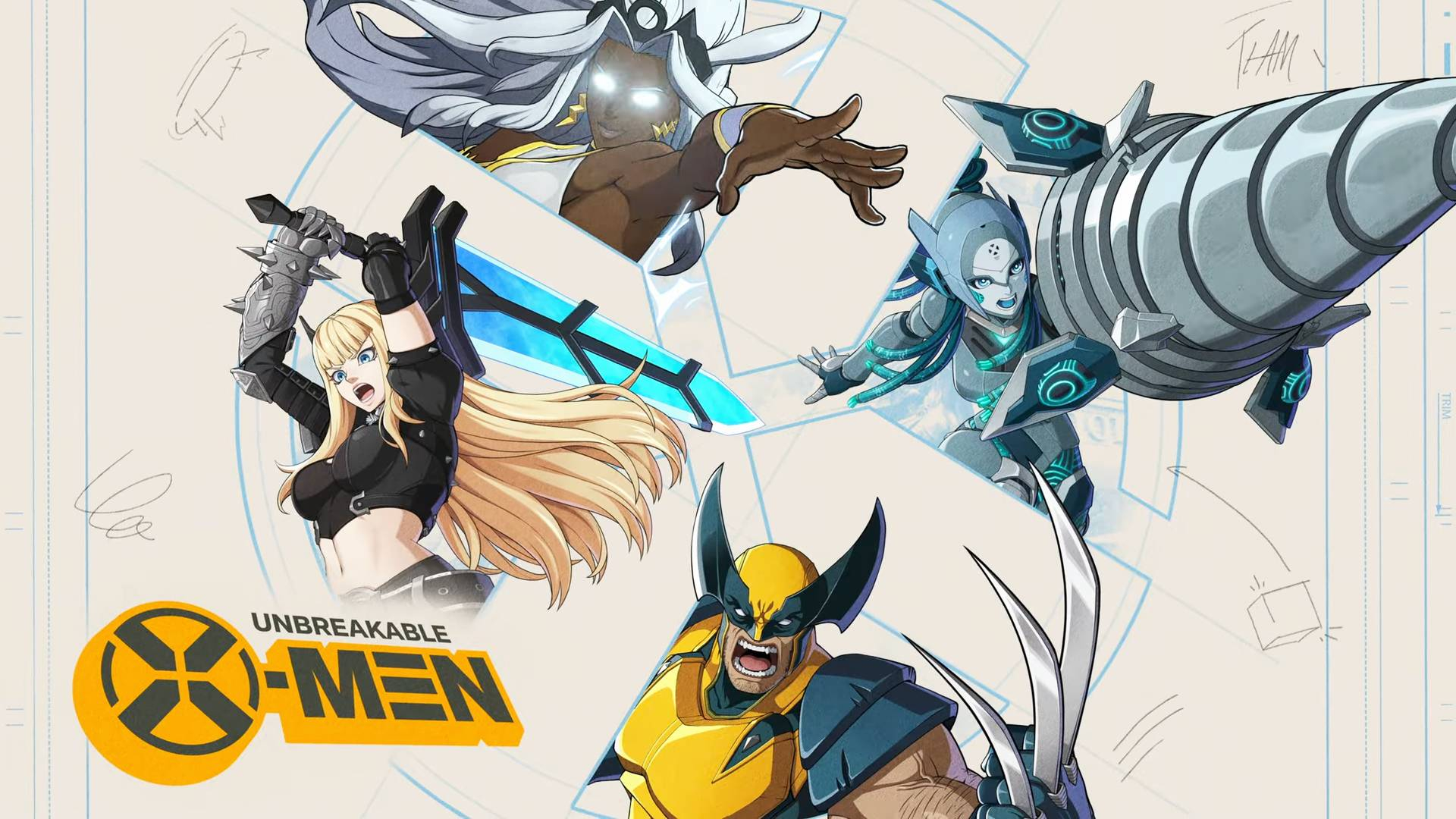 Marvel T&amp;#333;kon: Fighting Souls - Official artwork showcasing the Unbreakable X-Men team, with Danger, Wolverine, Storm, and Magick.