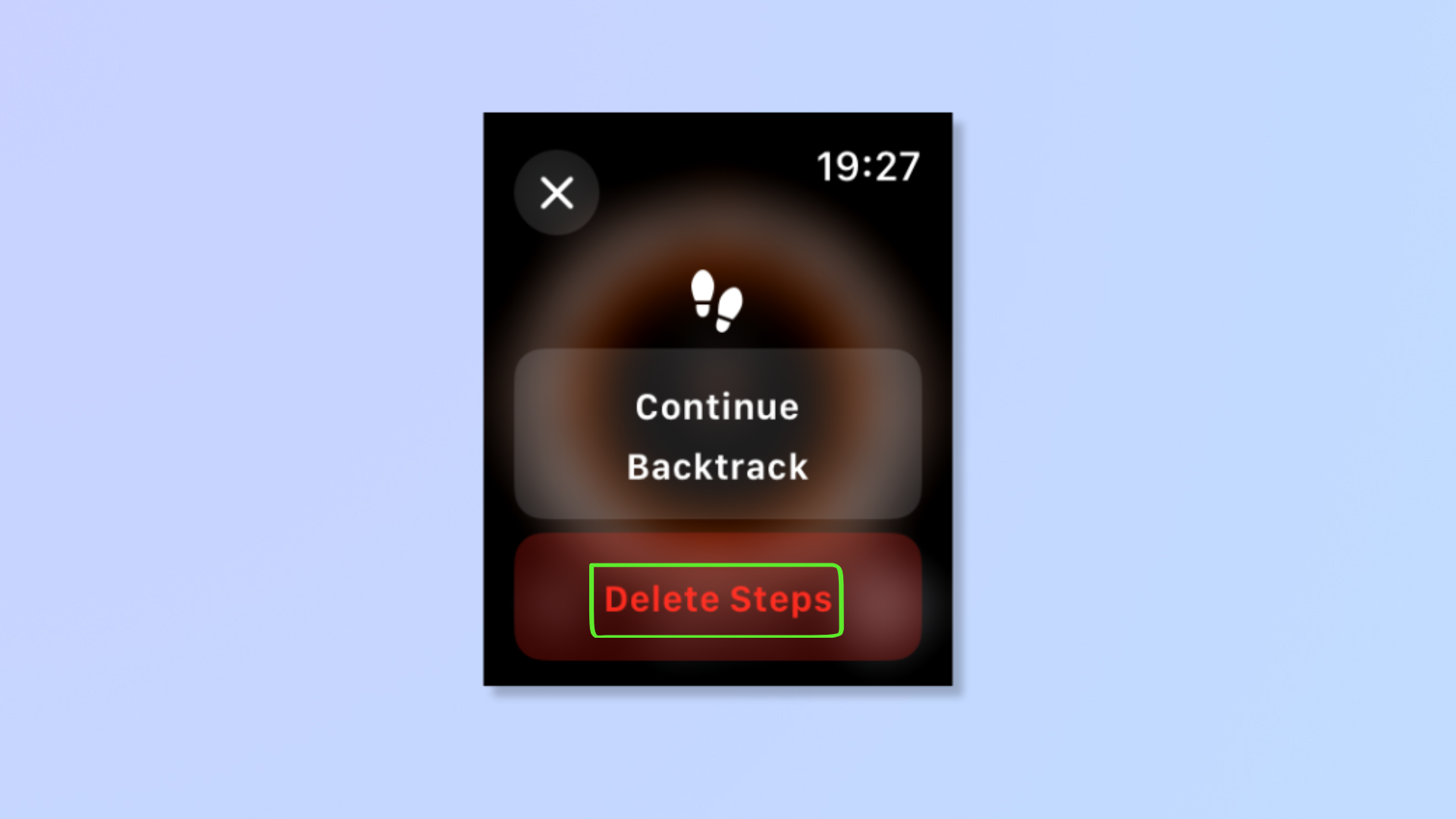 Снимок экрана инструмента «Возврат» на Apple Watch, на котором выделена опция «Удалить шаги». 