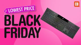 A Corsair K100 Air keyboard on a pink background next to the text Lowest Price Black Friday