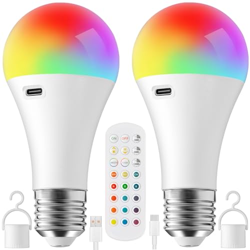 Onite Usb Rechargeable Light Bulb With Remote Control - 15 Colours &amp;amp; 10 Brightness Levels, 2000mah 16h Cordless Light for Camping, Parties, Emergency (2 Pack, E27 Base)