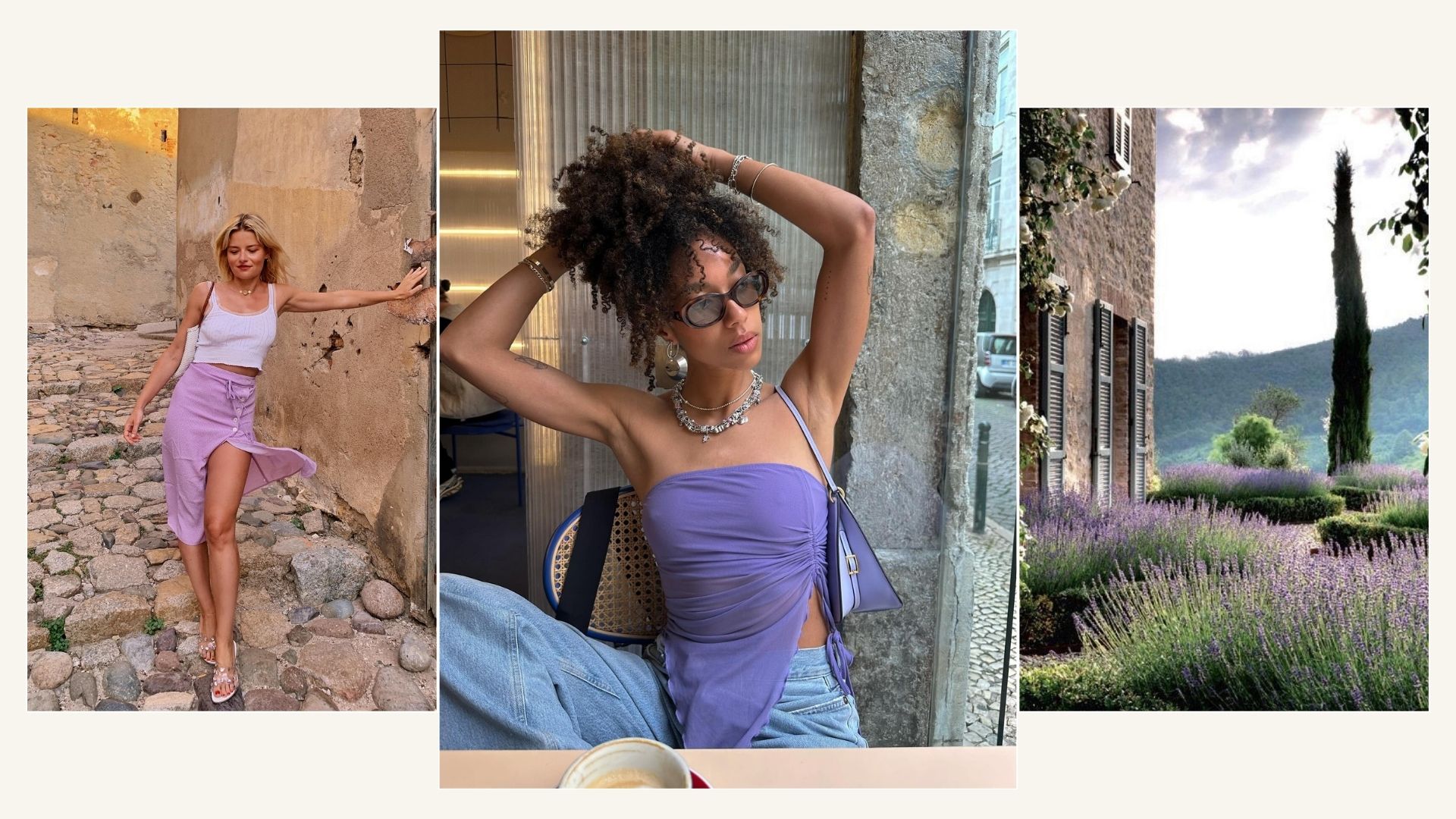 A collage of influencers wearing lilac colours and a lavender garden