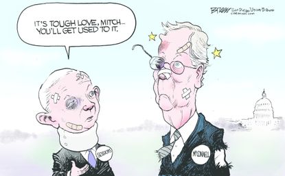 Political cartoon U.S. Trump Mitch McConnell Jeff Sessions tough love