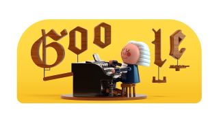 Cartoon of Bach playing an organ