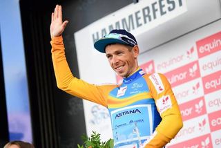Race leader Sergei Chernetski takes the applause after stage 3 of the 2018 Arctic Tour of Norway