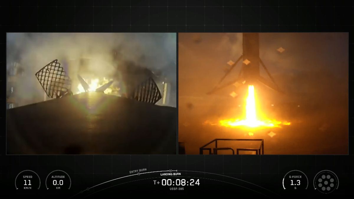 A SpaceX rocket lands on a ship at sea after launching to space.aunch to space.