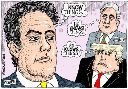 Political cartoon U.S. Trump Michael Cohen Robert Mueller Russia investigation DOJ