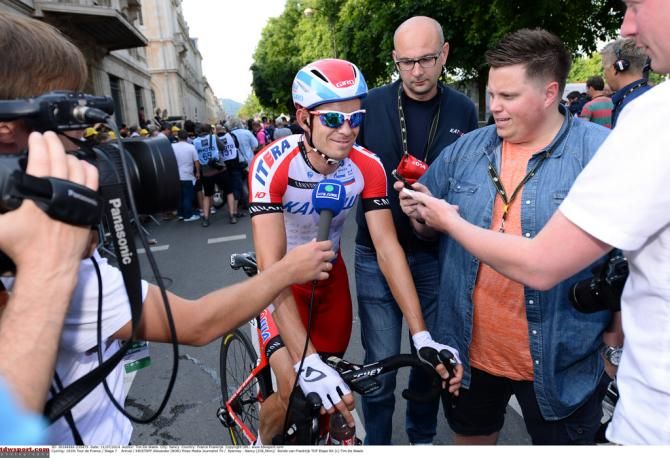 Alexander Kristoff (Katusha) talks to journalists after the stage