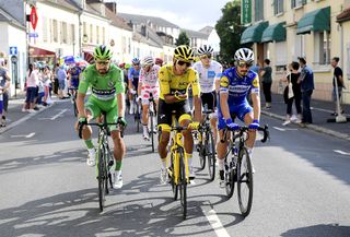 Egan Bernal in yellow, Peter Sagan in green during stage 21 at the Tour de France