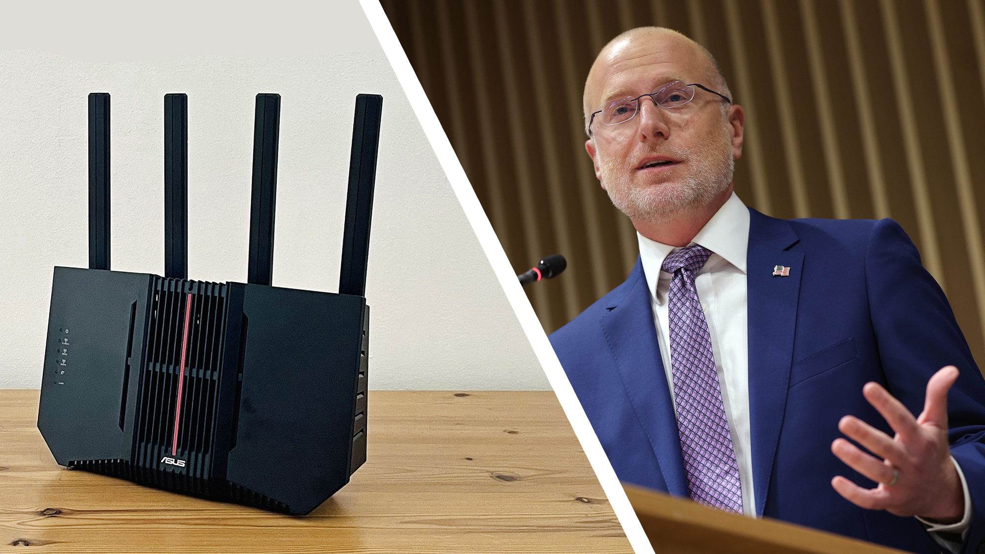 A router on a table next to a photo of FCC chairman Brendan Carr