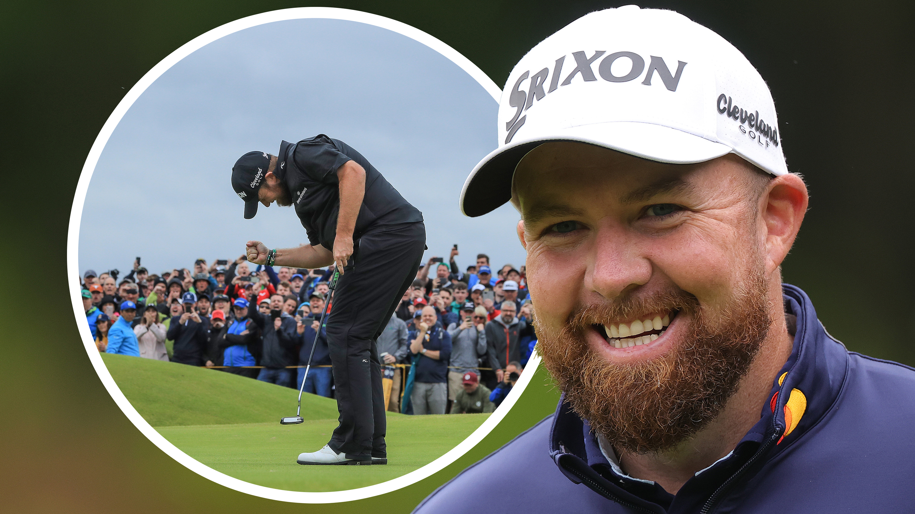 Shane Lowry smiling towards the camera, with an inset image positioned slightly overlapping behind his head with Shane Lowry celebrating his emphatic 2019 Open Championship win at Royal Portrush in front of jubilant fans