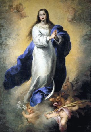 This is part of the painting "The Immaculate Conception of El Escorial" by the Spanish Baroque artist Bartolomé Esteban Murillo. A copy of this painting, possibly by Murillo himself, was destroyed in a botched restoration attempt.