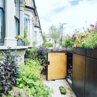 bike storage with a green roof used as a front garden wall