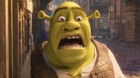 Close-up on Shrek with mouth wide open in distress in Shrek 5