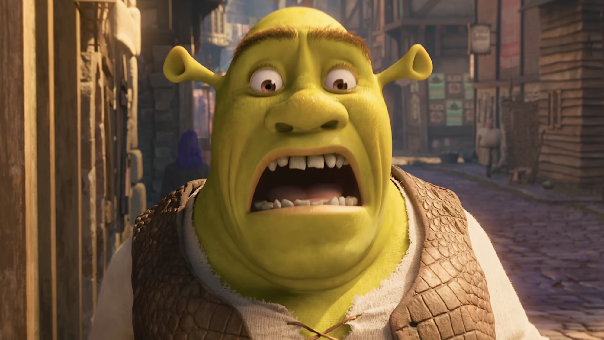 Close-up on Shrek with mouth wide open in distress in Shrek 5
