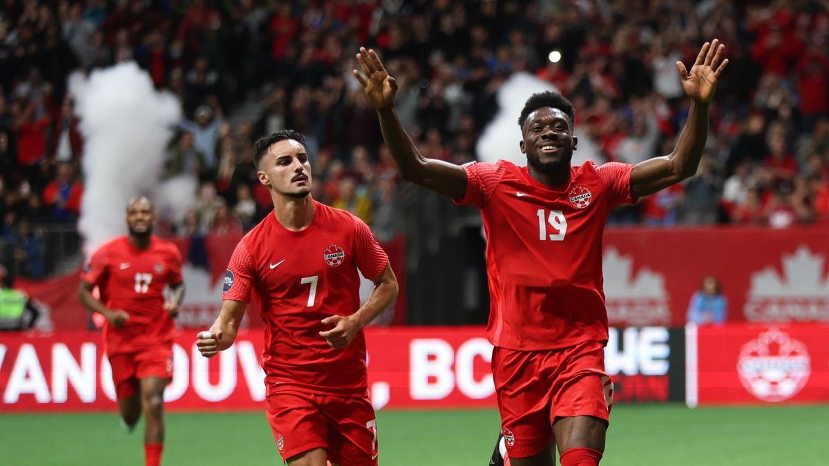 Canada&#039;s Alphonso Davis (no. 19) celebrates after scoring a goal