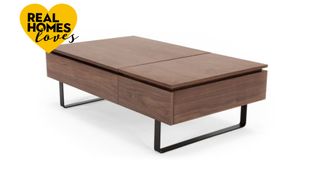 Best coffee table you can buy: MADE Flippa coffee table, dark wood with sub-surface storage and black legs