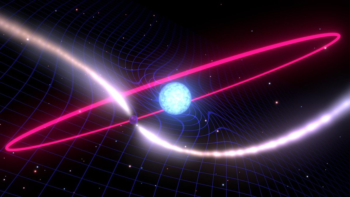 Artist’s illustration of Lense-Thirring frame-dragging resulting from a rotating white dwarf in the PSR J1141-6545 binary star system.