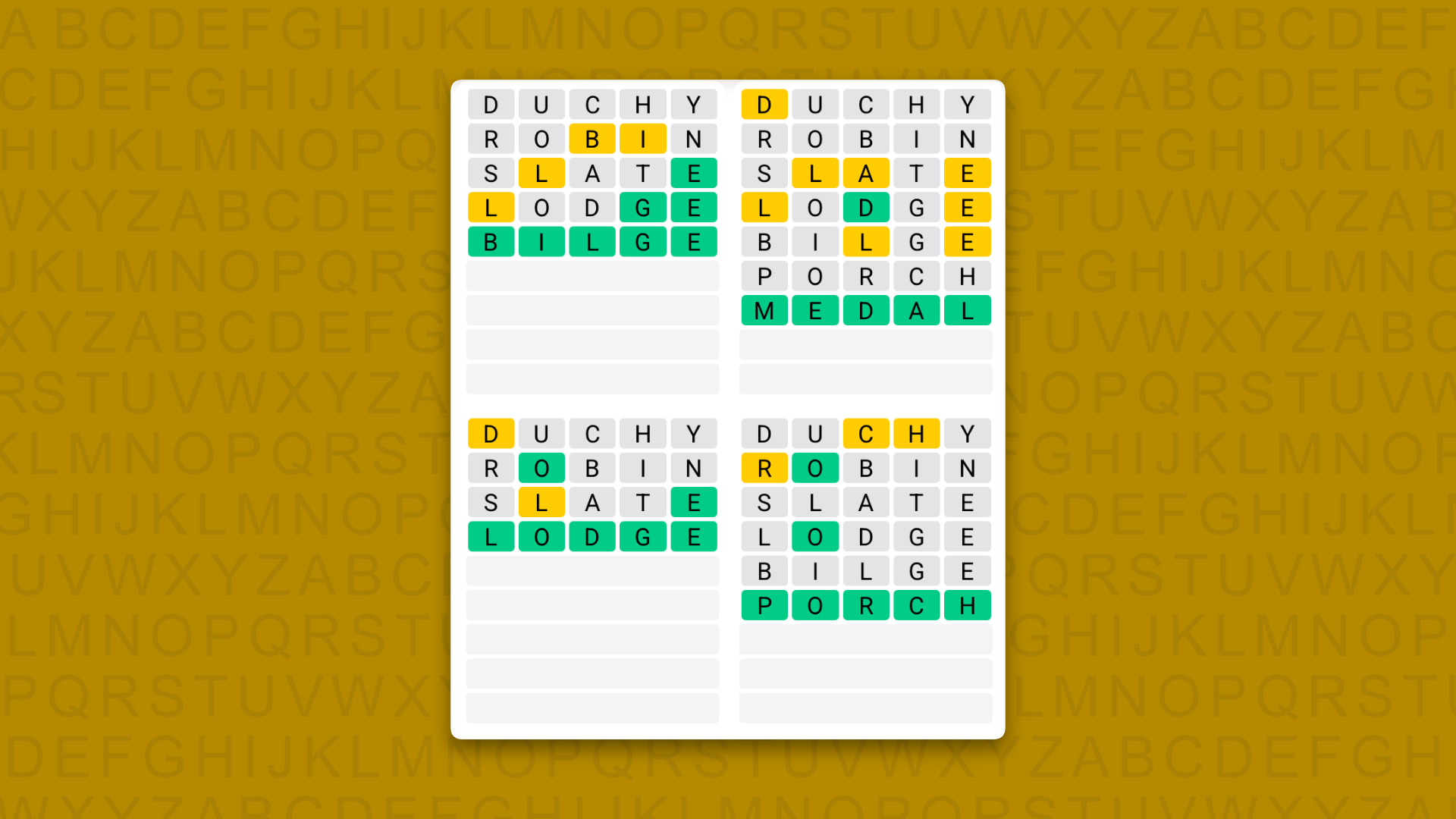 Quordle answers for game 1709 on a yellow background