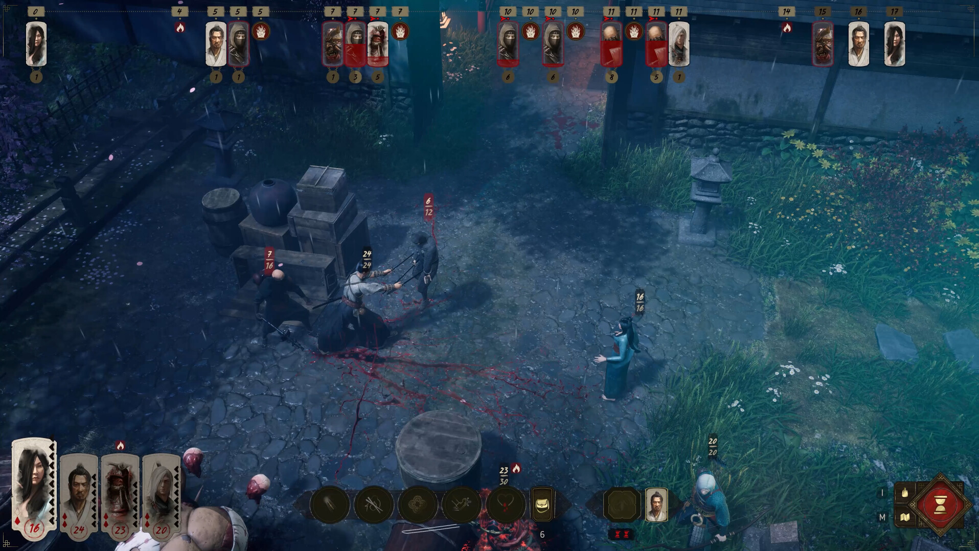 Shadow of the Road screenshot showing combat against ninjas at night